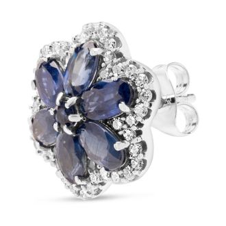 Estate Jewelry Diamond & Sapphire Flower Cluster Earrings In 14 Karat White Gold