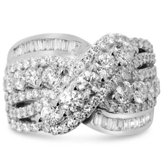 Estate Jewelry 3 Carat Diamond Ribbon Bypass Cluster Ring In 14 Karat White Gold, Size 7