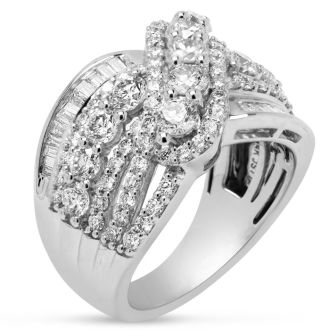 Estate Jewelry 3 Carat Diamond Ribbon Bypass Cluster Ring In 14 Karat White Gold, Size 7