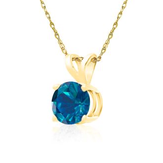 Nearly 1 Carat Round Shape Blue Diamond Solitaire Necklace in Yellow Gold