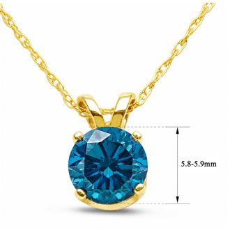 Nearly 1 Carat Round Shape Blue Diamond Solitaire Necklace in Yellow Gold
