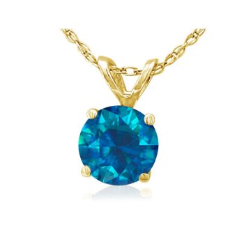 1 Carat Round Shape Blue Diamond Solitaire Necklace in Yellow Gold