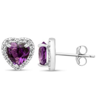 Estate Jewelry Heart Shaped Amethyst Halo Earrings In Sterling Silver