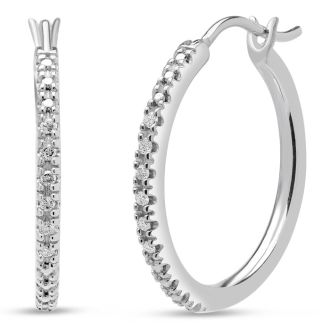 Estate Jewelry 1/10 Carat Diamond Hoops Earrings In Sterling Silver