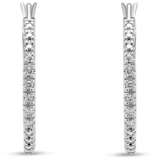 Estate Jewelry 1/10 Carat Diamond Hoops Earrings In Sterling Silver