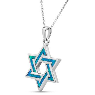 Estate Jewelry Star Of David Necklace With Mosaic Opal Inlay In Sterling Silver, 18 Inches