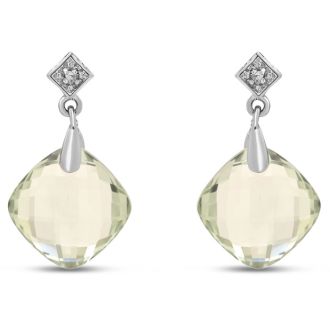 Estate Jewelry Cushion Shape Green Amethyst & Diamond Dangle Earrings In Sterling Silver
