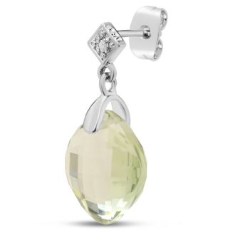 Estate Jewelry Cushion Shape Green Amethyst & Diamond Dangle Earrings In Sterling Silver