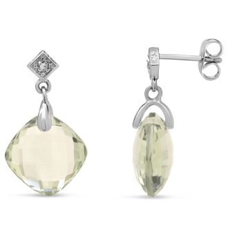 Estate Jewelry Cushion Shape Green Amethyst & Diamond Dangle Earrings In Sterling Silver