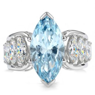 Estate Jewelry 6.27 Carat Blue and White Lab Grown Diamond Marquise Statement Ring In 14K White Gold, Size 7