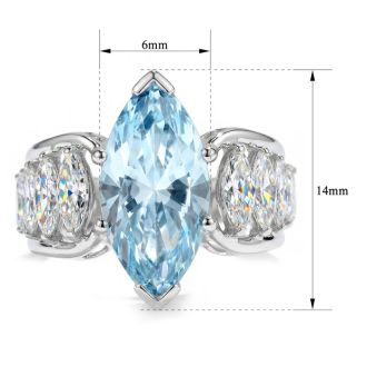 Estate Jewelry 6.27 Carat Blue and White Lab Grown Diamond Marquise Statement Ring In 14K White Gold, Size 7