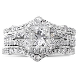 Estate Jewelry 2 Carat Princess And Round Natural Diamond Bridal Set In 14 White Gold, Size 6
