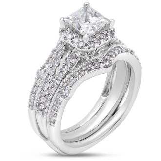 Estate Jewelry 2 Carat Princess And Round Natural Diamond Bridal Set In 14 White Gold, Size 6