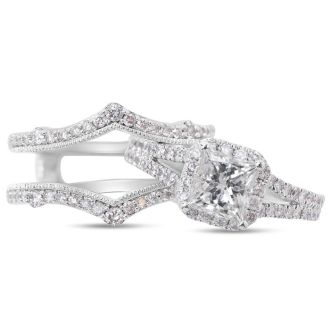 Estate Jewelry 2 Carat Princess And Round Natural Diamond Bridal Set In 14 White Gold, Size 6