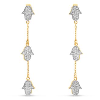 Estate Jewelry 1/2 Carat Diamond Hamsa Drop Earrings In 14K Yellow Gold, 1 3/4 Inches