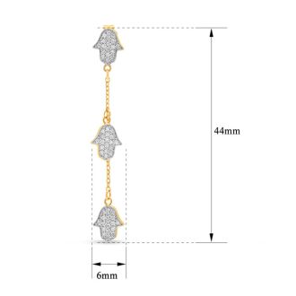 Estate Jewelry 1/2 Carat Diamond Hamsa Drop Earrings In 14K Yellow Gold, 1 3/4 Inches