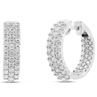 Estate Jewelry 2 Carat Triple Row Diamond Hoop Earrings In 14K White Gold, 1/2 Inch