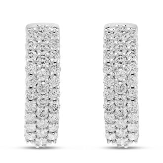 Estate Jewelry 2 Carat Triple Row Diamond Hoop Earrings In 14K White Gold, 1/2 Inch