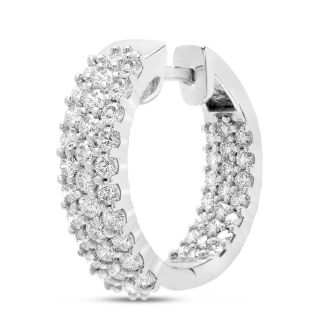 Estate Jewelry 2 Carat Triple Row Diamond Hoop Earrings In 14K White Gold, 1/2 Inch