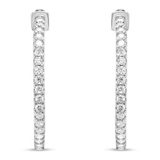 Estate Jewelry 1 Carat Diamond Hoop Earrings In 14K White Gold, 1 Inch