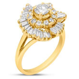 Estate Jewelry 1 3/4 Carat Round and Baguette Diamond Ballerina Ring In 14K Yellow Gold, Size 6.5
