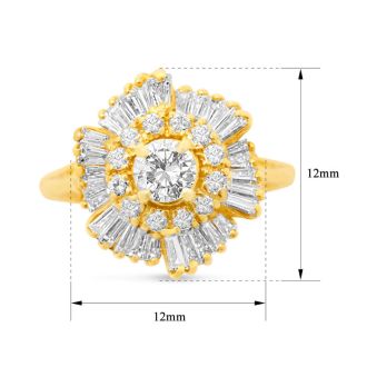 Estate Jewelry 1 3/4 Carat Round and Baguette Diamond Ballerina Ring In 14K Yellow Gold, Size 6.5