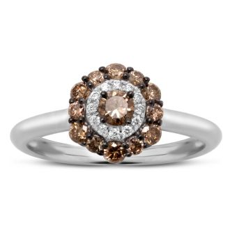 Estate Jewelry 1/2 Carat Chocolate Bar Colored Champagne Diamond Halo Ring In 14K White Gold, Size 6.5