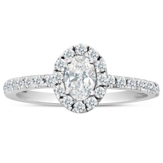 Estate Jewelry 3/4 Carat Oval Shape Halo Lab Grown Diamond Engagement Ring In 14K White Gold, Size 6