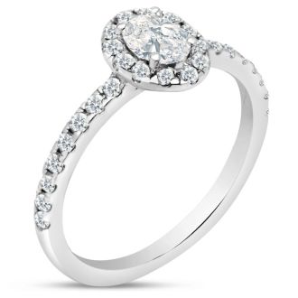 Estate Jewelry 3/4 Carat Oval Shape Halo Lab Grown Diamond Engagement Ring In 14K White Gold, Size 6