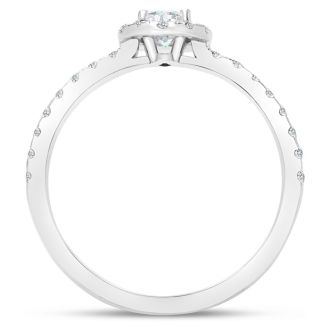 Estate Jewelry 3/4 Carat Oval Shape Halo Lab Grown Diamond Engagement Ring In 14K White Gold, Size 6