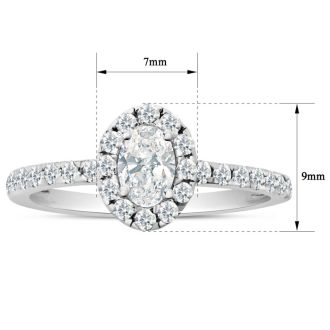 Estate Jewelry 3/4 Carat Oval Shape Halo Lab Grown Diamond Engagement Ring In 14K White Gold, Size 6