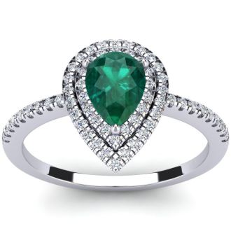 Estate Jewelry 1 Carat Pear Shape Created Emerald and Double Halo Diamond Ring In Sterling Silver, Size 5.5