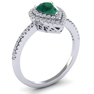 Estate Jewelry 1 Carat Pear Shape Created Emerald and Double Halo Diamond Ring In Sterling Silver, Size 5.5