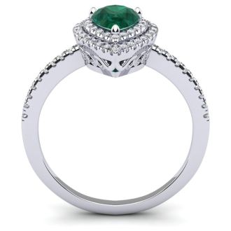 Estate Jewelry 1 Carat Pear Shape Created Emerald and Double Halo Diamond Ring In Sterling Silver, Size 5.5