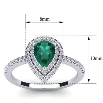 Estate Jewelry 1 Carat Pear Shape Created Emerald and Double Halo Diamond Ring In Sterling Silver, Size 5.5