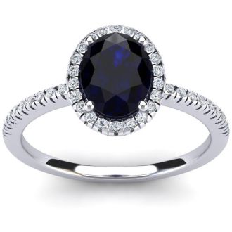 Estate Jewelry 1-1/2 Carat Oval Shape Created Sapphire and Halo Diamond Ring In Sterling Silver, Size 5