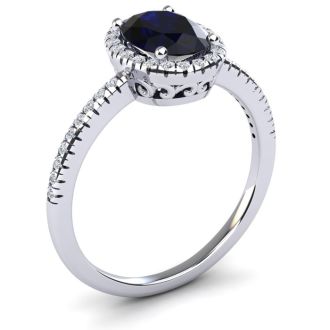 Estate Jewelry 1-1/2 Carat Oval Shape Created Sapphire and Halo Diamond Ring In Sterling Silver, Size 5