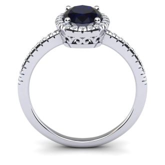 Estate Jewelry 1-1/2 Carat Oval Shape Created Sapphire and Halo Diamond Ring In Sterling Silver, Size 5