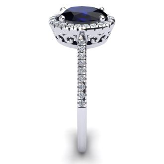 Estate Jewelry 1-1/2 Carat Oval Shape Created Sapphire and Halo Diamond Ring In Sterling Silver, Size 5