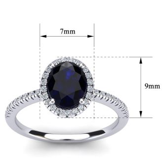 Estate Jewelry 1-1/2 Carat Oval Shape Created Sapphire and Halo Diamond Ring In Sterling Silver, Size 5