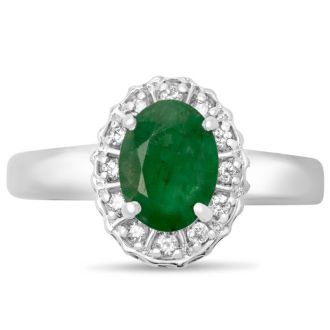 Estate Jewelry 1 Carat Oval Shape Emerald With Diamond Halo Ring In Sterling Silver, Size 5