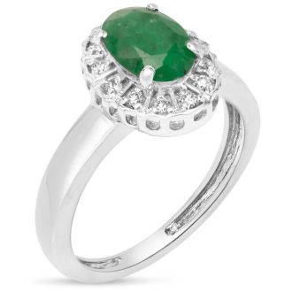 Estate Jewelry 1 Carat Oval Shape Emerald With Diamond Halo Ring In Sterling Silver, Size 5