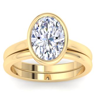 3 Carat Oval Shape Lab Grown Diamond Ring With Matching Band In 14K Yellow Gold, Solitaire