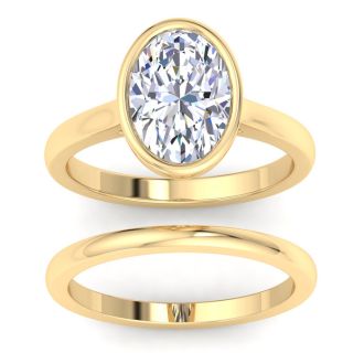 3 Carat Oval Shape Lab Grown Diamond Ring With Matching Band In 14K Yellow Gold, Solitaire