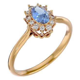 2/3 Carat Oval Shape Tanzanite and Halo Diamond Ring In 14 Karat Yellow Gold
