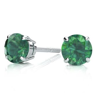 1/2 Carat Green Diamond Stud Earrings, 14 Karat White Gold