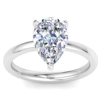 3 Carat Pear Shape Lab Grown Diamond Ring In Sterling Silver, Solitaire