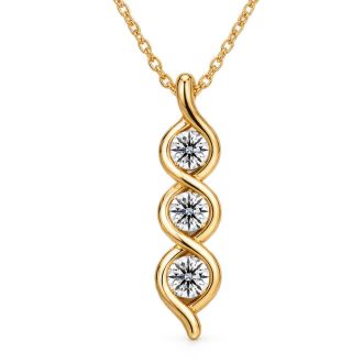 1/10 Carat Lab Grown Diamond Three Stone Necklace In 14K Yellow Gold Over Sterling Silver, 18 Inches
