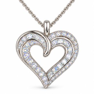 1.12 Carat Round and Baguette Diamond Heart Necklace In Sterling Silver, 18 Inches