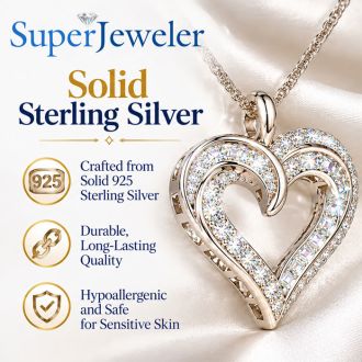 1.12 Carat Round and Baguette Diamond Heart Necklace In Sterling Silver, 18 Inches